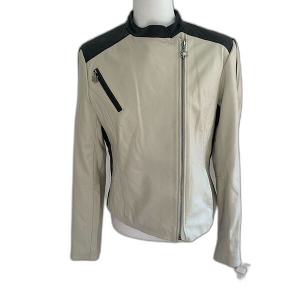 Charles Klein | Vintage Cream Black Leather Jacket Lined Jacket Size Medium - Picture 1 of 11